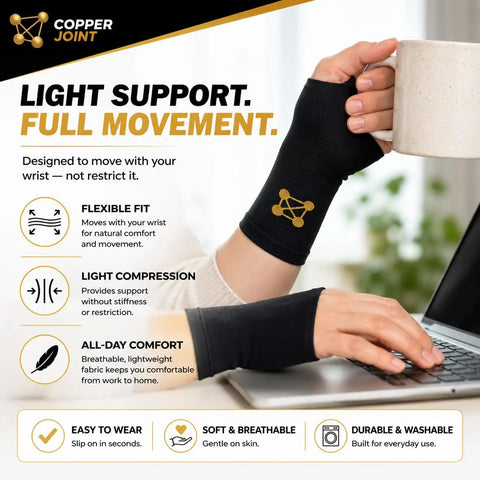 Copper Infused Wrist Brace Pair For Carpal Tunnel Pain Relief, Adjustable Medium Fit For Men And Women on hands using laptop