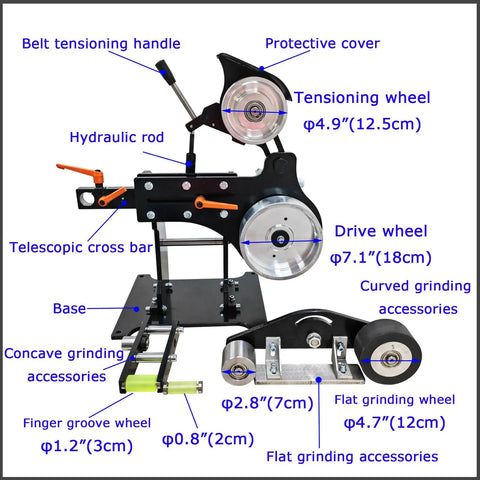 Top Tier 71 By 2 Inch Belt Grinder With Three Quick Swap Grinding Wheels For Knife Making Sharpening And Polishing Featuring Hassle Free Variable Speed Controls And 220V Garage Power, showing parts like tensioning handle and wheels.