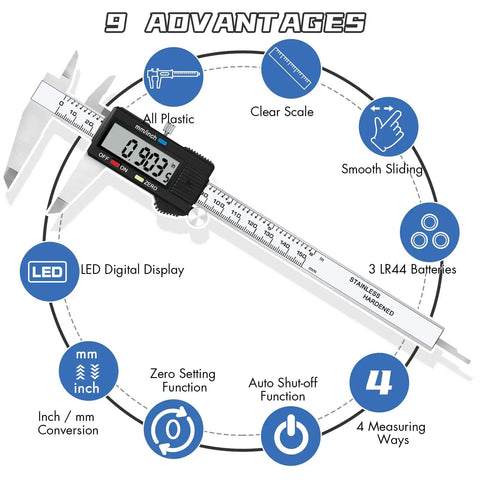 Digital Caliper With Stainless Steel Body, Easy Inch To Metric Switch, LCD Display shown with measurement features
