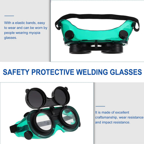 Kick Ass Flip Up Welding Goggles Heavy Duty Safety Glasses Rugged 2 Pack Welder Shades with adjustable elastic band and protective lenses.