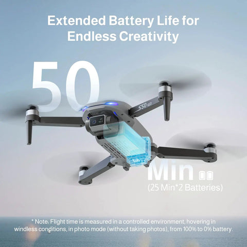 Dope 4K Camera Drone With GPS For Beginners And Pros showcasing extended battery life with 50-minute flight time in sky.