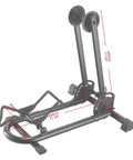 Foldable Bike Rack Floor Stand For Easy No Hassle Bike Storage Fits 20mm To Two Point Four Inch Wide Tires, black with red measurements