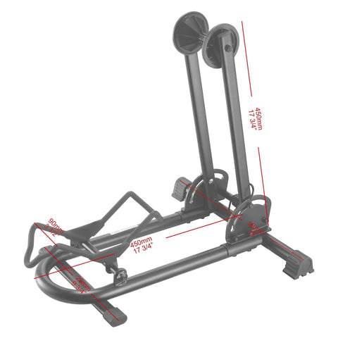 Foldable Bike Rack Floor Stand For Easy No Hassle Bike Storage Fits 20mm To Two Point Four Inch Wide Tires, black with red measurements