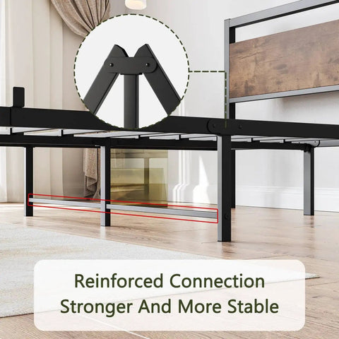 Reinforced connection of Top Tier Queen Platform Bed Frame With Solid Wooden Headboard Heavy Duty Steel Base for stability.