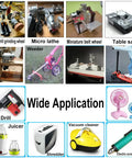 Collage showing varied tools and appliances like drill, juicer, and fan powered by Beefy 12V To 24V DC Motor With 6000 To 12000 RPM.