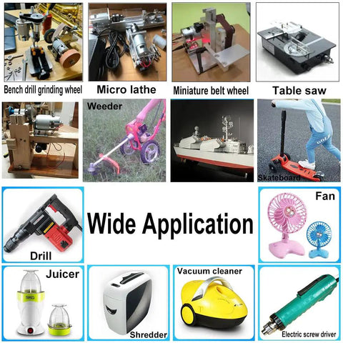 Collage showing varied tools and appliances like drill, juicer, and fan powered by Beefy 12V To 24V DC Motor With 6000 To 12000 RPM.