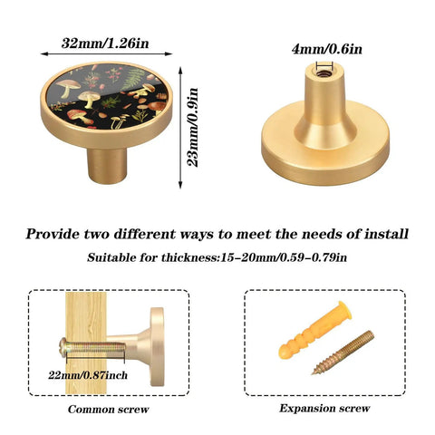 Rustic Forest Mushroom Cabinet Knobs 4 Pack, Round Drawer Pulls And Dresser Handles, 1-1/4 Inch with installation screws.
