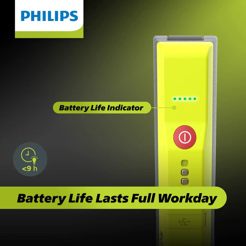Close-up of Slim Rechargeable LED Work Light with Magnetic Base and Hook showing battery life indicator and full workday claim