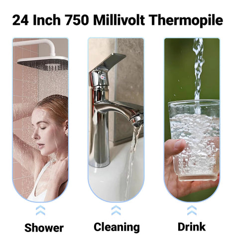 24-inch 750 mV thermopile generator; home replacement sensor shown in shower, chrome faucet, and drinking water.