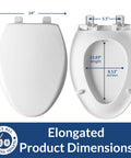 Slow Close Toilet Seat With Durable Plastic, Extra Stability Bumpers, Secure Hinges, Elongated White, Made In USA, dimensions shown