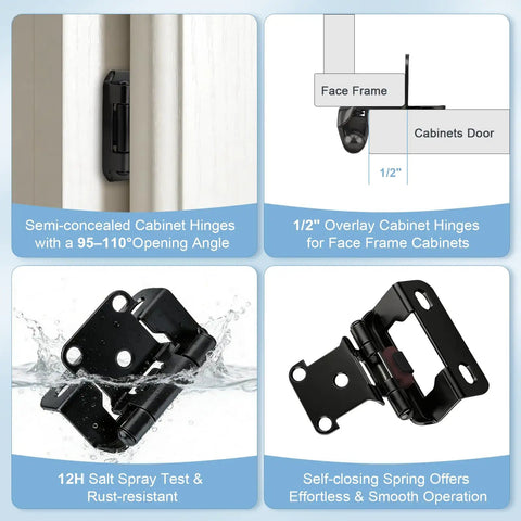 Half Inch Overlay Black Cabinet Hinges Boasting Smooth Self Closing Action For Face Frame Kitchen Doors, showing opening angle and rust resistance features.
