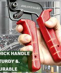 Close-up of red handle from 155 Piece Heavy Duty 304 Stainless Steel Cable Tie Gun Kit With 150 Metal Zip Ties In Three Sizes