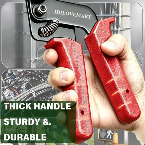 Close-up of red handle from 155 Piece Heavy Duty 304 Stainless Steel Cable Tie Gun Kit With 150 Metal Zip Ties In Three Sizes