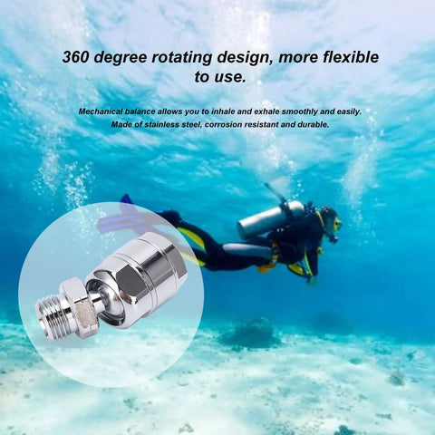 Diver underwater with 360 Degree Scuba Regulator Swivel Adapter for 2nd Stage Dive Hose Rotator Stainless Steel Marine Grade Build