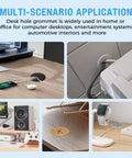 2 Inch White Desk Cable Grommet Set Flower Shaped Desk Hole Covers For Cables shown in various home and office applications
