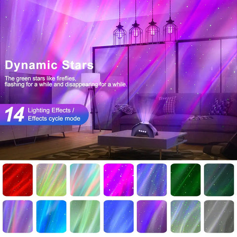 Galaxy Aurora Light Projector With 33 Effects, Bluetooth Speaker And White Noise Machine illuminating a living room