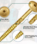 Premium Grade Structural Lag Screws Three Eighth By Six Inch Heat Treat Hardened with Torx drive and serrated threads for timber framing.