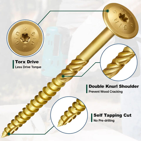 Premium Grade Structural Lag Screws Three Eighth By Six Inch Heat Treat Hardened with Torx drive and serrated threads for timber framing.