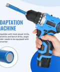 Side view of blue cordless drill with diamond drill bit and torque dial; inset shows cooling wax cylinder.