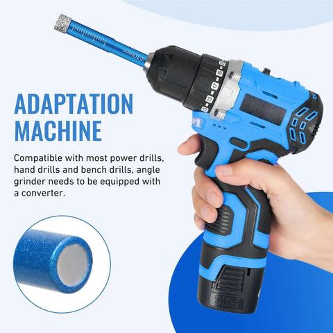 Side view of blue cordless drill with diamond drill bit and torque dial; inset shows cooling wax cylinder.
