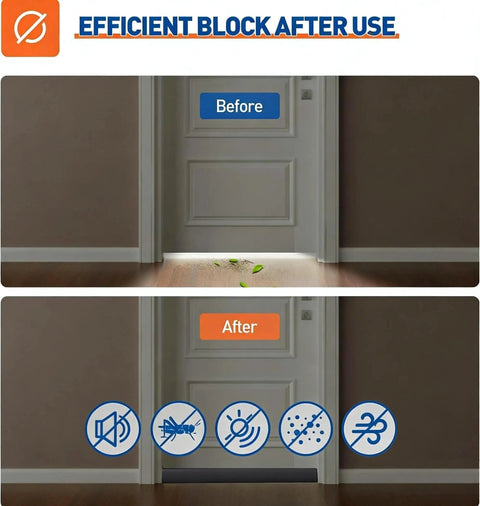 Adjustable Under Door Draft Stopper Gap Filler Cuts For Doors 24 To 32 Inches seals gaps effectively, showing before and after results.