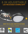 Six Inch Black Gimbal LED Recessed Canless Wafer Lights With 5 CCTs 2700K To 5000K, Dimmable 1050 Lumen, 12W Downlight image