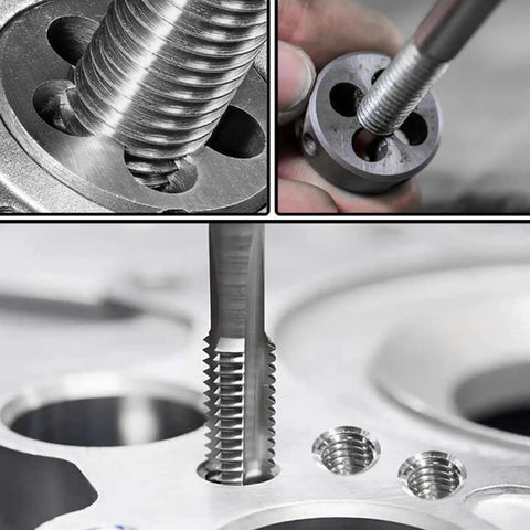 M12 X 1 Metric Tap And Die Set With HSS High Speed Steel for threading metal components, showing precision tool usage