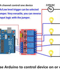 Double Pack 4 Channel 5V Relay Module With Optocoupler High Or Low Level Trigger Isolated Expansion Board 10A Relays Compatible With Raspberry Pi And Arduino For Home Automation And DIY Projects, diagram showing connections and bulbs.
