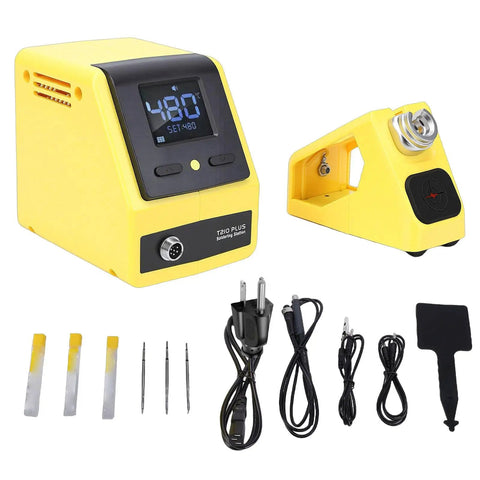 120W Digital Soldering Station Kit With Rapid Three Second Heating Anti Static T210 Iron LCD Display Safe PCB Electronics DIY Repair US Plug Pro Grade Dope Soldering Tool For Projects, showing yellow station, iron, LCD display, and accessories.