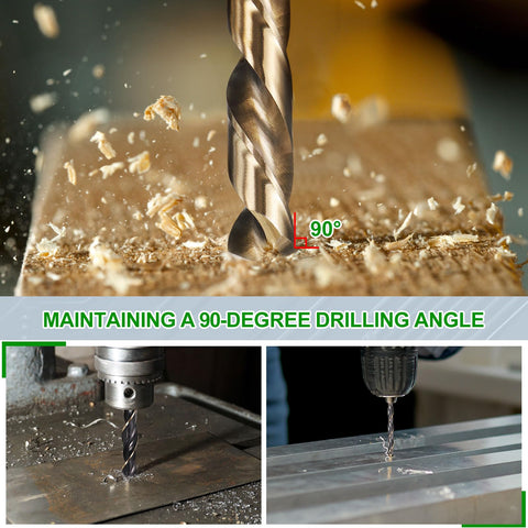 7 16th Inch Drill Bit Set By METALLIXITY drilling wood at 90 degrees, includes straight shank and high speed steel with gold finish.