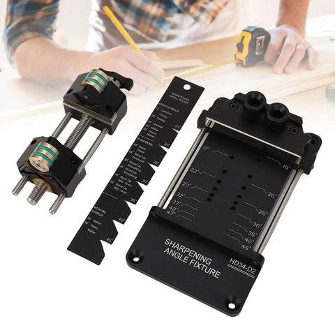 Pro Level Chisel Sharpening Jig With Adjustable Angle Ruler and Secure Clamps showcasing aluminum steel housing and angle gauge.