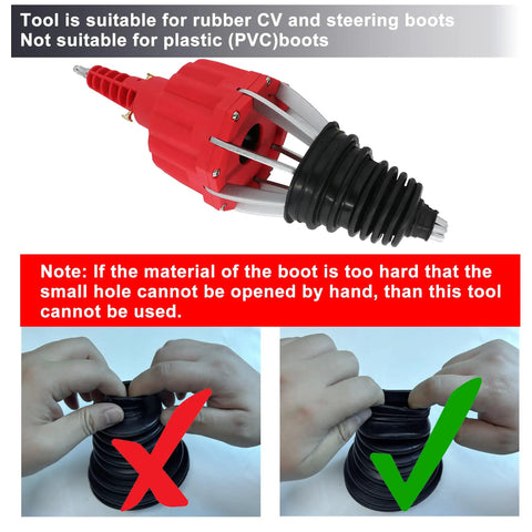 No Brainer Pneumatic CV Joint Boot Installation Tool Kit with red expander and proper CV boot material demonstration