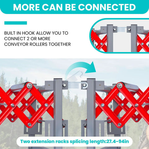 Heavy Duty Adjustable Conveyor Roller Table With 2 Hooks supports connecting 2 conveyors for flexible extension from 27.4 to 94 inches.
