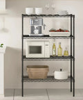 Professional Grade Badass Workhorse Four Tier Metal Wire Shelving Rack with kitchen appliances and storage baskets.