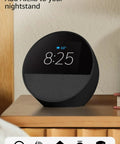 Dope Wireless Smart Alarm Clock With Sleek Build And Thumping Bass Solid For Nightstands Or Kitchens Checks Weather Streams Tracks Manages Connected Devices Glossy Black on a wooden nightstand.