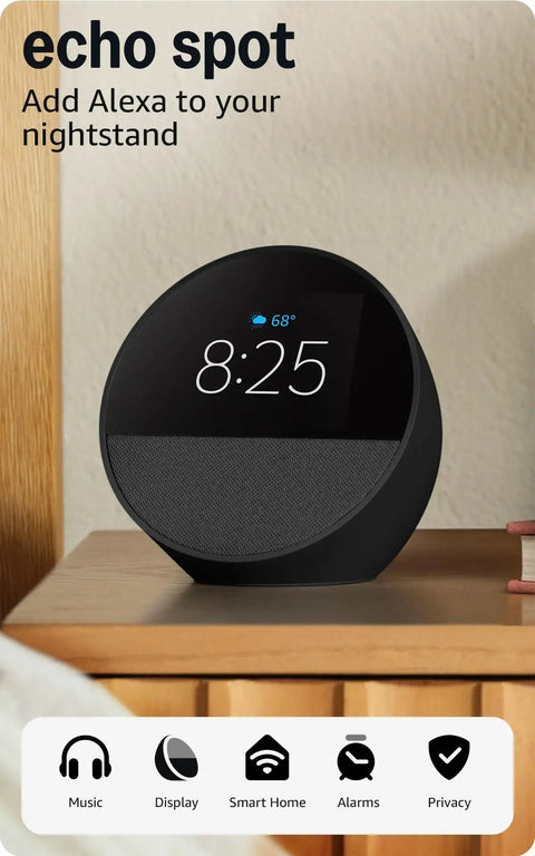 Dope Wireless Smart Alarm Clock With Sleek Build And Thumping Bass Solid For Nightstands Or Kitchens Checks Weather Streams Tracks Manages Connected Devices Glossy Black on a wooden nightstand.