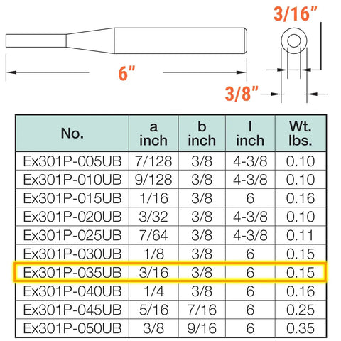 Technical diagram and specifications table for Non Sparking Non Magnetic Pin Punch Striking Tool Built Tough From Aluminum Bronze, 6 Inch Length With Three Sixteenth Inch Head, Corrosion Resistant, Safe For ATEX And EX Zone Environments, TUV Certified, Heavy Duty