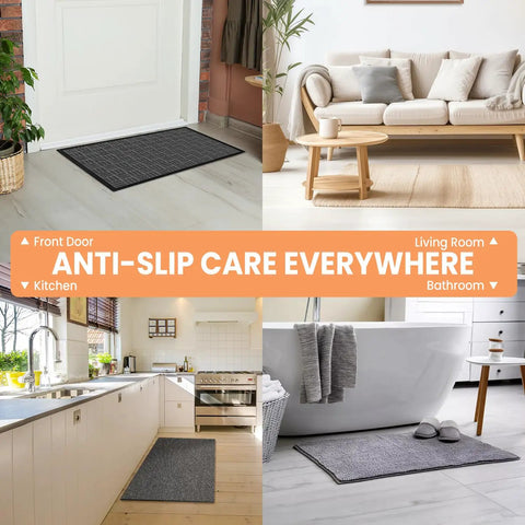 Image showing No Slip Rug Corner Grips 4 Pcs for Hardwood Floors and Tile in living room, kitchen, and bathroom settings.