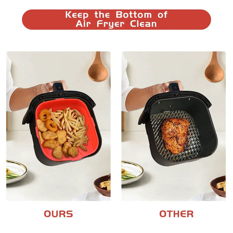 8.1 Inch Air Fryer Silicone Pot Square Set Of 2 Reusable Silicone Baskets For 5 Quart Or Larger Square Air Fryers Foldable And Easy To Clean With Heat Proof Gloves Included Color Red And Blue showing red basket in use, with fried food and comparison to traditional basket.