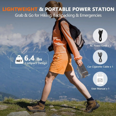 Person hiking with 256Wh LiFePO4 Portable Power Station With 300W Continuous Output And 600W Peak Pure Sine Wave Solar Generator