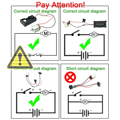 Correct and incorrect circuit diagrams for 18 Piece DC Motors Kit For DIY Projects with mini motors and connectors.