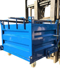 Heavy Duty 2200 Lb Self Dumping Hopper For Forklift And Manual Operation Rock Solid Steel Frame shown in blue color with wheels.