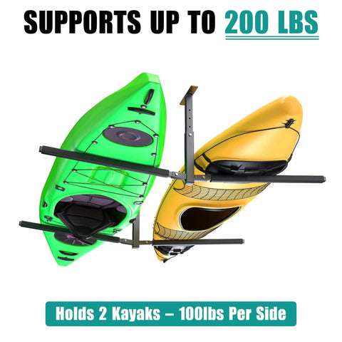 Overhead Ceiling Kayak Storage Rack For Garage Holds Two Kayaks Up To 200 Lbs Heavy Duty Universal Fit with foam padding
