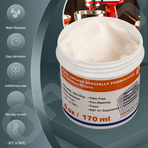 Front view: 6 oz white tub of food-grade grease for KitchenAid stand mixers with an orange label.