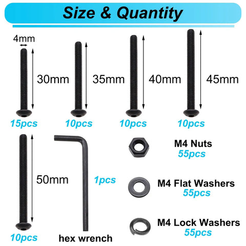 M4 Button Head Hex Socket Cap Screws Kit With Nuts And Washers, Heavy Duty Pro Grade 10.9 Grade Alloy Steel, M4 X 30/35/40/45/50Mm, Black Finish
