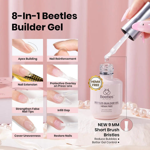 HEMA Free Nail Tips Glue Kit With Builder Gel And No Wipe Top Coat, features of 8-in-1 builder gel and close-up of bottle