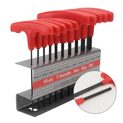 Heavy Duty T Handle Hex Wrench With Bracket Extra Long Inner Steel Allen Keys For Machine And Vehicle Repair Plus Enhanced Torque Reach Tool Kit Legit Pick For Mechanics Who Want Real Grip When Chasing Tough Spots And Daily Grind. 10-piece metric T-handle hex key set, red steel handles, bracket stand
