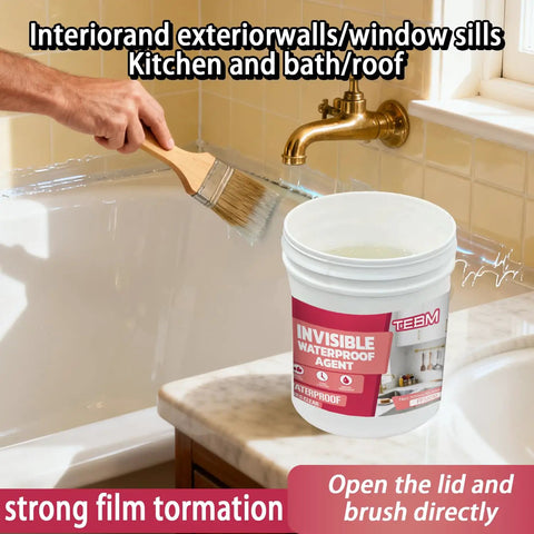 Person applying Heavy Duty Transparent Waterproof Sealant And Clear Invisible Liquid Coating For Roofs Walls Garden Bathroom Kitchen Blocks Moisture And Seals Cracks Indoors Or Outdoors No Sweat with a brush.