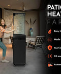 Smokeless 360 Degree Propane Patio Heater, 41,000 BTU, 59 Inch Freestanding Glass Tower On Wheels in indoor setting