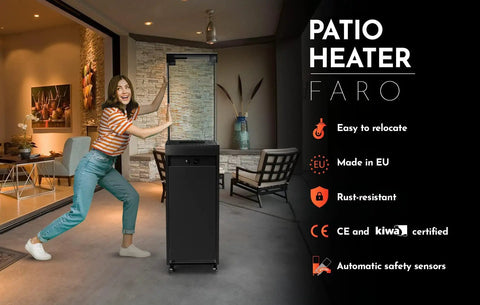 Smokeless 360 Degree Propane Patio Heater, 41,000 BTU, 59 Inch Freestanding Glass Tower On Wheels in indoor setting